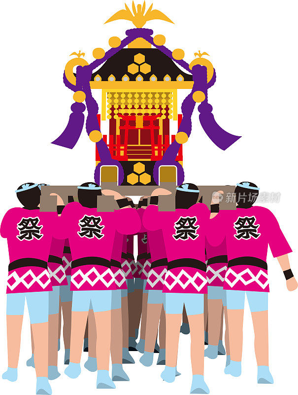The shrine and the people who carry it. Japanese traditional event. Vector material.